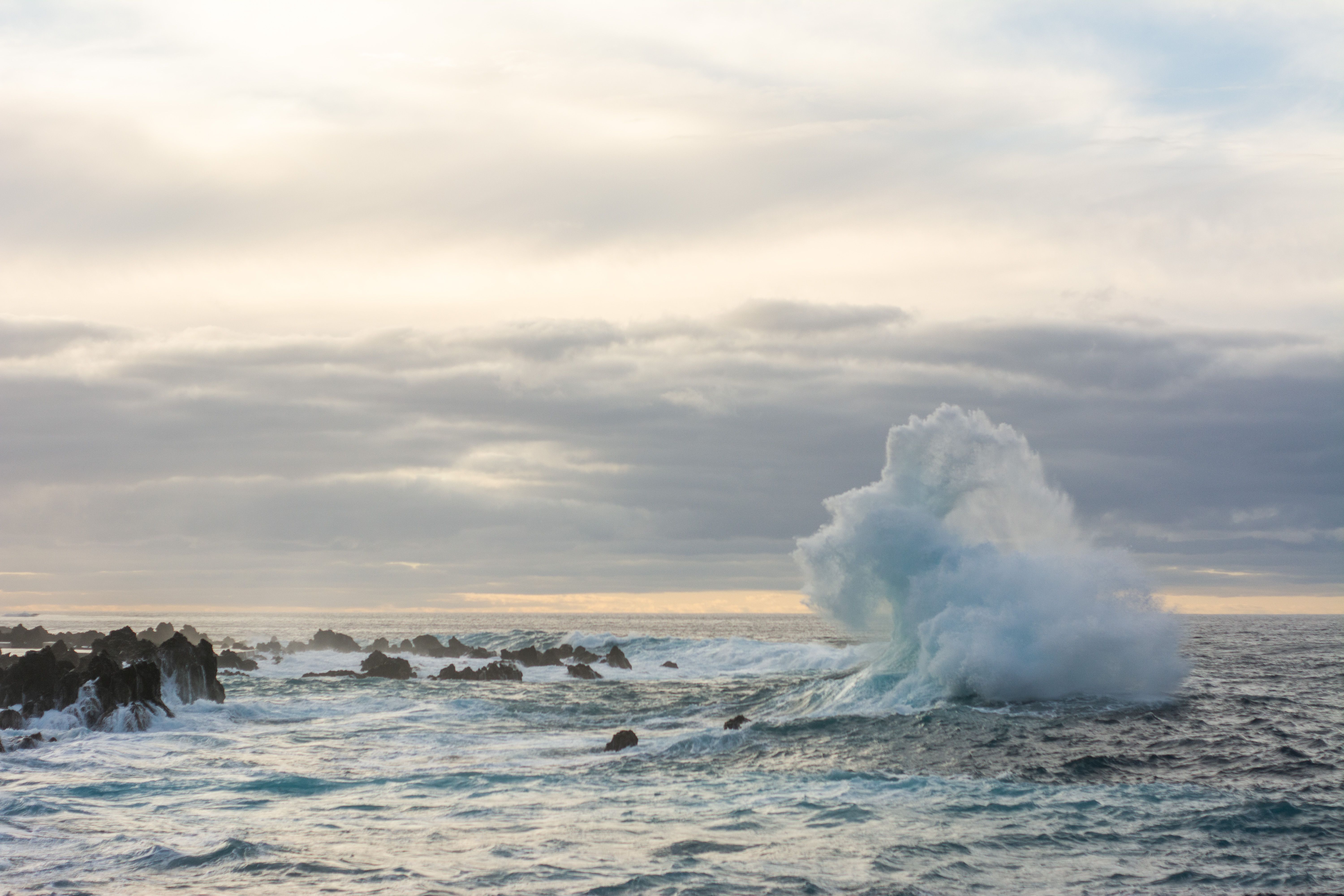 Wave crashes over rocks, spray flies high into the air, resembling a horse