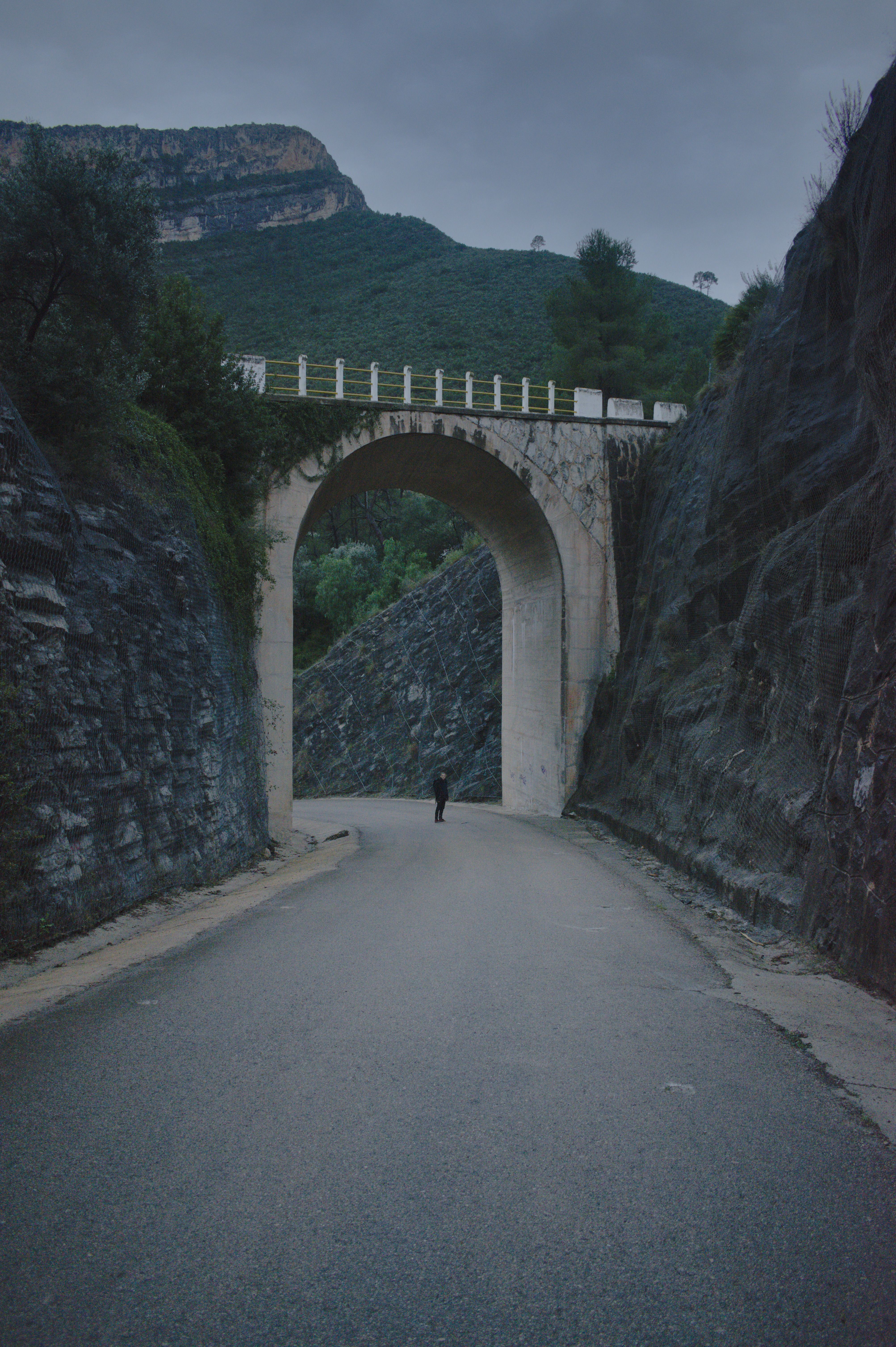 Guy is standing on a street under a bridge that is very big